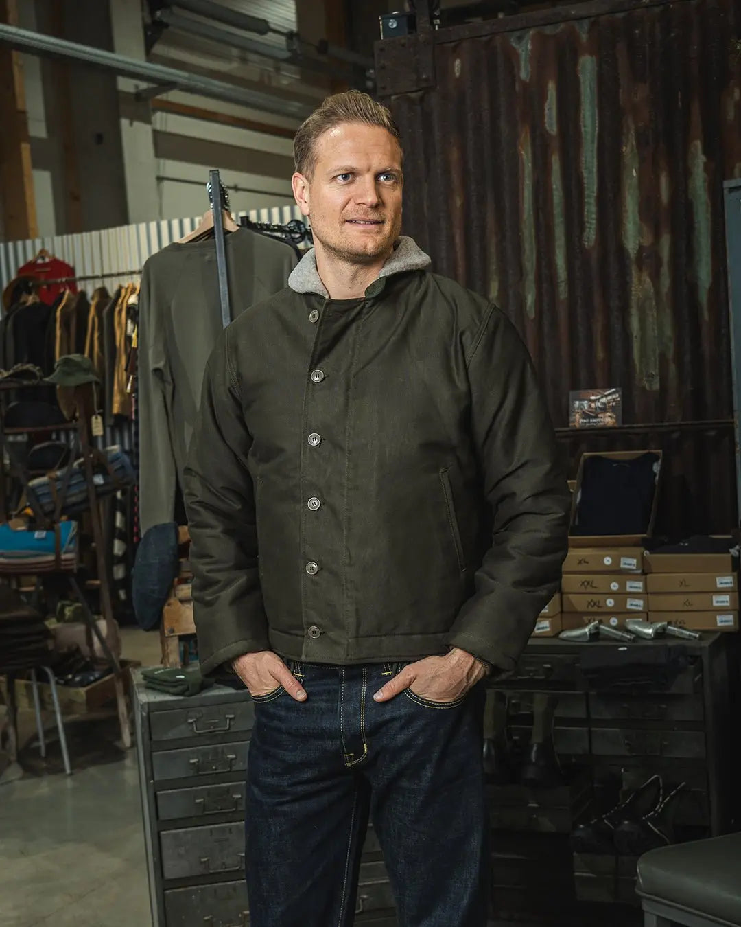 1944 N1 DECK JACKET - Waxed Olive - Raw Denim