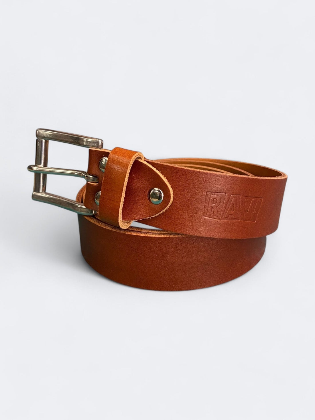 RAW LEATHER BELT - Cognac Stainless Steel - Raw Denim